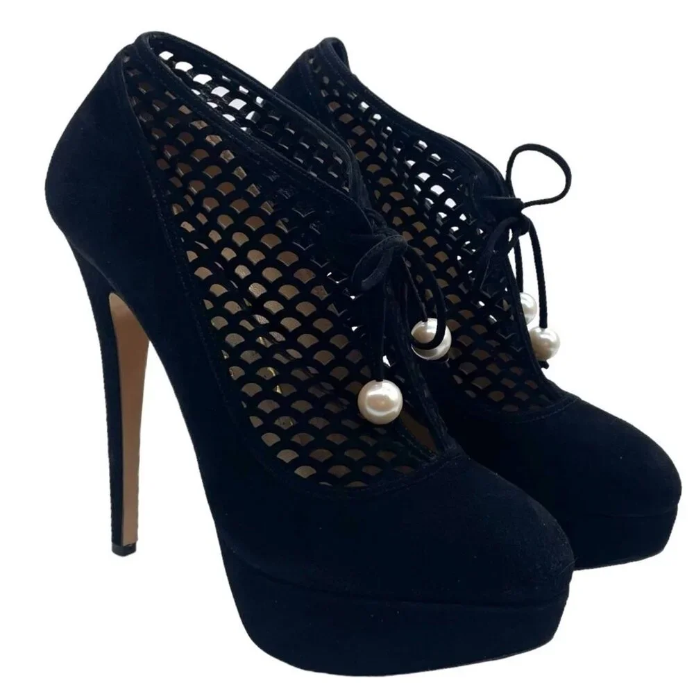 Charlotte Olympia Minerva Laser Cut Suede Platform Heels 40 Dark Academia Goth - Picture 2 of 10